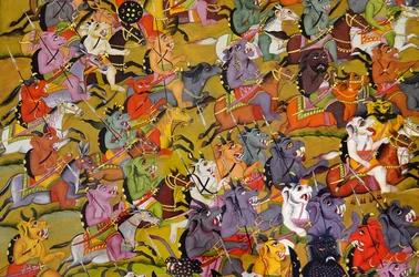 Peinture Marwar : Détail des démons se préparant à combattre la déesse Durga, musée du palais du Fort Mehrangarh, Jodhpur, Rajasthan, Inde