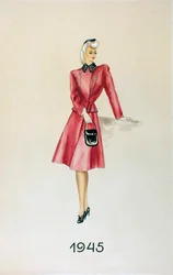 Mannequin en costume, tenant un sac à main, 1945