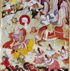 Siva détruit le démon Andhaka, manuscrit Harivamsa, Mughul, vers 1590