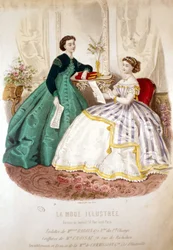 2 femmes lisant : toilette de Mlle Raboin et les coiffures de M. Croisat - dans « La Mode illustrée »