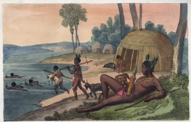 Un village de Hottentots Korah sur la rive gauche du fleuve Orange - gravure tirée de « Usi e Costumi di Tutti i Popoli dell