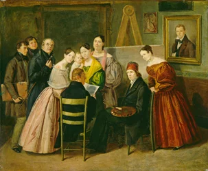 Un peintre et des visiteurs dans un atelier, vers 1835 (huile sur papier sur toile)