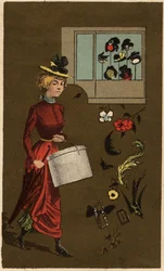 Une bourgeoise portant une boîte à chapeau, chromolithographie anonyme, fin du 19e siècle.