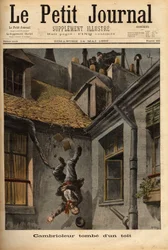 Un cambrioleur tombe des toits de la rue Notre-Dame à Nazareth, dans sa précipitation à fuir devant les policiers. Gravure dans Le petit journal 14/5/1899. Collection Selva.
