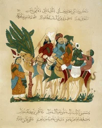 Une caravane en mouvement. Illustration du 13ème siècle des « Maqamat » (Séances) par Abu Mohammed al-Kasim ibn Ali Hariri (ou Al-Hariri) (1054-1122) dans « Art arabe » des monuments du Caire du 7ème siècle au 18ème siècle par P
