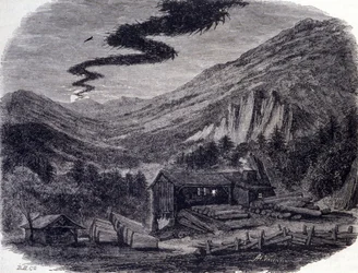 Une chasse fantastique (aérienne ou sauvage) ou Ménée (la Ménée Hellequin) ou Mesnie dans les Vosges, une tempête nocturne qui selon les légendes populaires se manifeste après une malédiction ou un sabbat de sorcières. Gravure du XIXe siècle