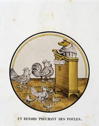 Un renard prêchant des poules (roman de Renart) - caricature religieuse, Limoges