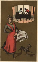Une machine à laver transportant du linge dans un panier. Chromolithographie anonyme, fin du 19e siècle.
