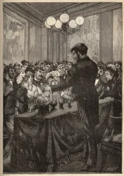 Un magicien utilisant une boîte de muscade pour faire apparaître et disparaître une balle. Gravure de 1885 dans « Les arts et métiers illustrés » par Adolphe Bitard