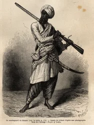 Un montagnard du Hazara (Pendjab, Inde). Gravure pour illustrer le voyage au Pendjab et au Cachemire, récit par Guillaume Lejean, en 1866, publié dans « Le tour du monde, nouveau journal des voyages »