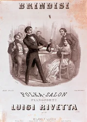 Scène de toast. Illustration de la partition de Brindisi polka par Rivetta