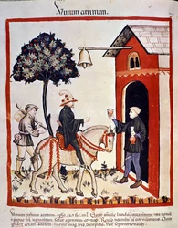 Un voyageur est accueilli dans une auberge et se voit offrir un verre de vin. Enluminure du Tacuinum sanitatis