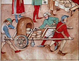 Un boulanger ambulant. Miniature des "Chroniques du Concile de Constance" par Ulrich Richental (1360-1437) vers 1438 Prague, bibliothèque nationale