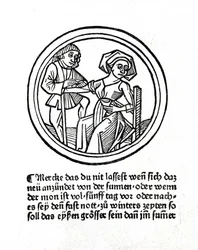 Une femme saigne. Xylographie dans "Buch de Surgery" par Hyeronimus Braunschweig. Strasbourg 1497
