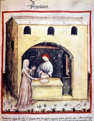 Une jeune femme achète des œufs à un commerçant. Illustration du Tacuinum sanitatis