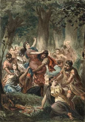 Enlèvement des Sabines par les Romains. Gravure de 1881 dans « El Culto de la Hermosura » par Juan Justo Huguet, Molinas Hermanos éditeurs
