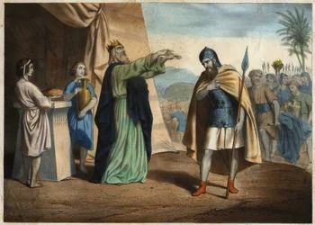 Abraham, victorieux des quatre rois, reçoit la bénédiction de Melchisédech (Melchisédec ou Melchizedek ou Melkisedeq ou Melki-Tsedeq ou Melki Tsedeq), roi de Salem. Gravure anonyme du milieu du XIXe siècle.