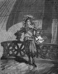 Amiral Tourville (Anne Hilarion de Costentin (Cotentin), comte de Tourville (1642-1701). sur le navire « Soleil Royal ». Gravure du XIXe siècle. Dans « Histoire de France » par Jules Michelet