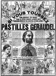 Publicité pour les pastilles Géraudel par le pharmacien Arthur Géraudel (1841-1906) à Sainte-Menehould contre la toux. Gravure dans « Le Monde illustré »