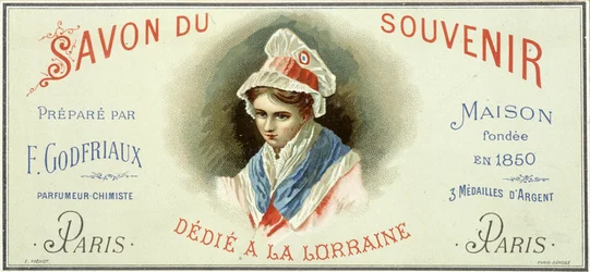 Étiquette publicitaire du « Savon du souvenir, préparé par F. Godfriaux - Maison fondée en 1850 ». Chromolithographie du 19e siècle