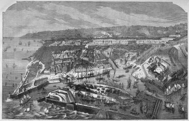 Vue aérienne du port et de la ville du Havre, Seine-Maritime, Normandie, France. Gravure dans "L