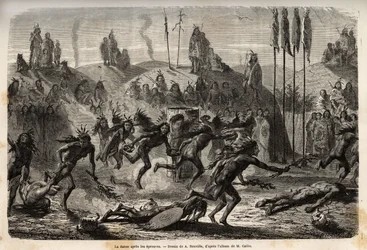 Après la cérémonie du don de soi au Grand Esprit, les jeunes guerriers chez les Indiens mandans, ou Noumah ka kie, faisans, se livrent à une danse frénétique et débordante ; les plus faibles sont traînés sur le sol, sur la rive gauche du Missouri. Gravure