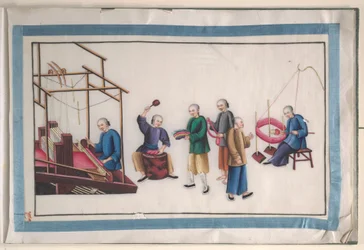 Album contenant douze peintures de personnes fabriquant de la soie