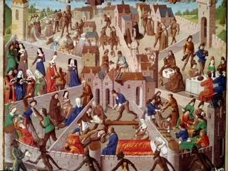 Représentation allégorique de la ville terrestre, péché humain, orgueil, colère, luxure, envie, paresse, excès et leurs vertus opposées, piété, nuance, sobriété... Miniature du manuscrit ms. 8346, fr. 18, fol. 3