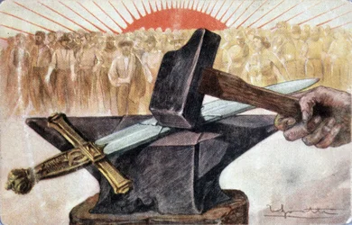 Allégorie du socialisme avec des symboles ouvriers (enclume et marteau)