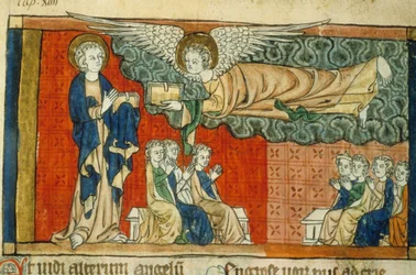 Allégorie de la chute de Babylone (avec ange) - Miniature du Moyen Âge (réf. 815, 032r) : Demande de permission à la Bibliothèque municipale de Toulouse (tél : 05 62 27 66 66)