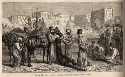 Un comptable du Khan reçoit les têtes des ennemis et les otages, femmes et enfants attachés à la queue des chevaux. Dessin d