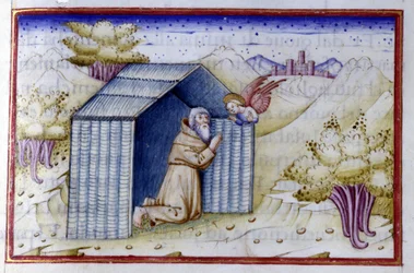 Un ange visite un ermite. Manuscrit du 15ème siècle. Bibl. Nazionale Braidense.