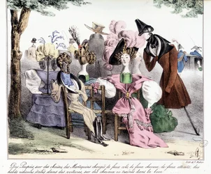 Description ironique de la mode bourgeoise du 19ème siècle : Poupées sur des chaises, modèles chargés de faux cols, faux chevaux, fausses attractions ; vêtements ridicules étalés dans des voitures, sur des chevaux ou traînés dans la boue. Dans La silhouett