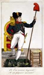 Et on revient toujours à son premier amour, une caricature sur Napoléon Ier reprenant le pouvoir en 1815 (Épisode des Cent-Jours)