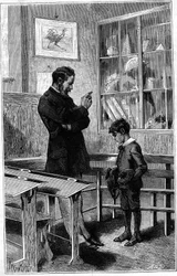 André Gaudry réprimandé par son professeur. Gravure dans « Le journal de la jeunesse »