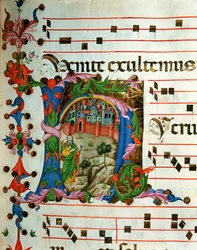 Antiphonaire en note 5, livre contenant les chants à chanter par le chœur pendant la messe (parchemin)