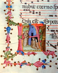 Antiphonaire en note 7, livre contenant les chants à chanter par le chœur pendant la messe (parchemin)