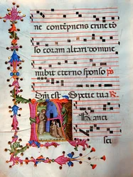 Antiphonaire en note 7, livre contenant les chants à chanter par le chœur pendant la messe (parchemin)