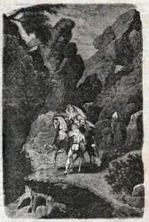 Argie attaqué par les ordres de son fiancé - gravure de 1851 de "Roland furieux" (Orlando furioso) (16ème siècle) par Ludovico Ariosto, dit l