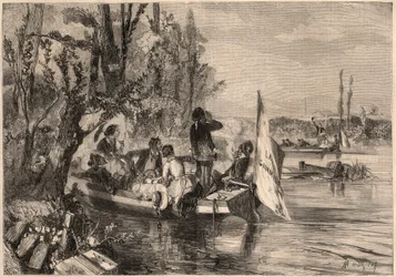 Autour de Paris en 1857. Les canoéistes à Asnières. Gravure dans "Le Monde illustré" de 1857. Collection privée.