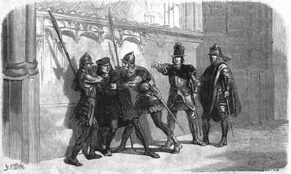 Arrestation du bâtard de Rubempré sous le règne de Louis XI. Gravure du 19ème siècle.