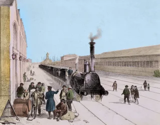 Arrivée du train de marchandises de la ligne Paris-Orléans - Gravure du 19ème siècle - Collection privée