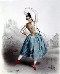 Danseuse autrichienne Fanny Elssler (1810-1884) dans le ballet « La Krakowiak » (La gitane) 1842. Gravure du XIXe siècle.