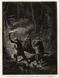 Retour de la chasse de nuit, la proie, un ours, est attachée et suspendue à une branche que les chasseurs portent sur l