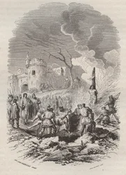 Baudouin V, comte de Flandre (1012-1067) rétablissant la police dans ses états - Gravure de 1868 dans « Histoire de Belgique des temps primitifs à la fin du règne de Léopold Ier » par Théodore Juste (1818-1888) - Collection privée