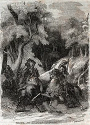 Bataille entre Roland et Ferragus - gravure de 1851 de "Roland furieux" (Orlando furioso) (16ème siècle) par Ludovico Ariosto, dit l