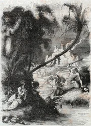 Bataille de Griffon et Aquilant contre Orrile - gravure de 1851 de « Roland furieux » (Orlando furioso) (16e siècle) par Ludovico Ariosto, connu sous le nom d