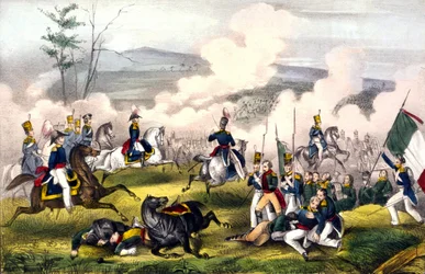 Bataille de Palo Alto : le 08/05/1846 entre 2900 Américains sous le général Taylor et 6000 Mexicains sous le général Arista. Gravure du XIXe siècle