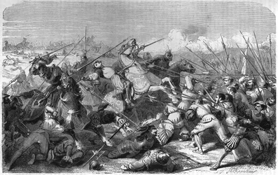 Bataille de Ravenne (Italie), mort de Gaston de Foix duc de Nemours (1489-1512) le 11 avril 1512. Gravure du 19ème siècle.