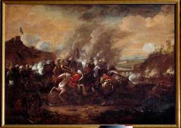 Bataille de Vienne : La levée du siège de Vienne par les Turcs en septembre 1683. Victoire des troupes de la coalition chrétienne dirigée par Jean III Sobieski, Léopold Ier et Charles de Lorraine. Peinture anonyme du 17ème siècle. Nancy, musée historique